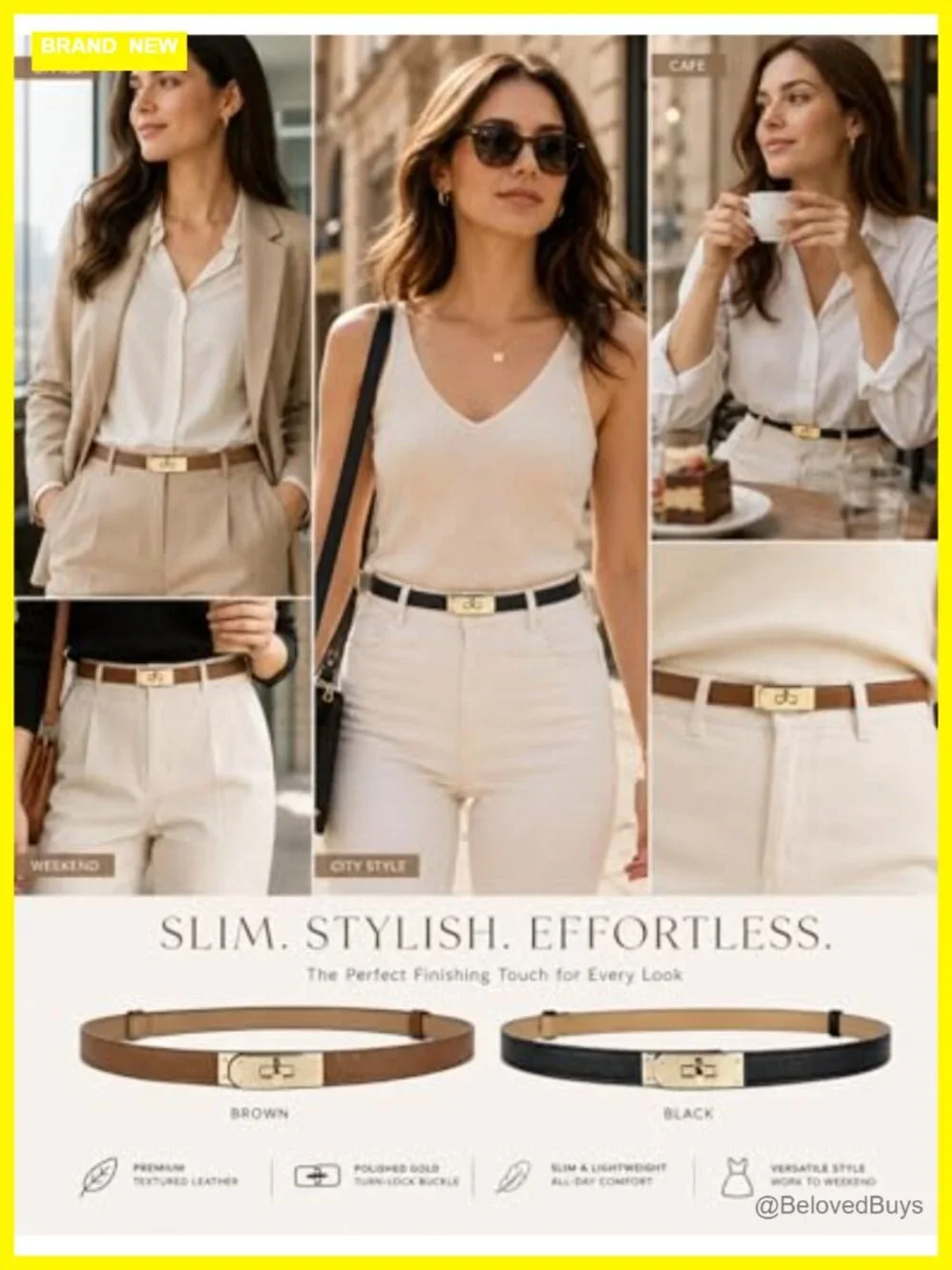 Faux Leather Skinny Belt Turn-Lock Gold Buckle Adjustable 20-35in